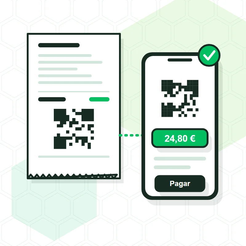 Dibujo de un ticket con código QR y un móvil que muestra el importe de 24,80 € y el botón de pagar