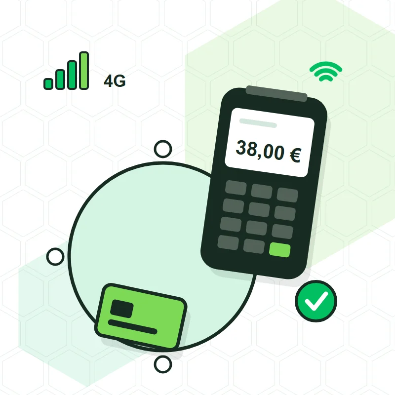Dibujo de un datáfono de mano cobrando 38 € junto a una mesa, con cobertura wifi y 4G