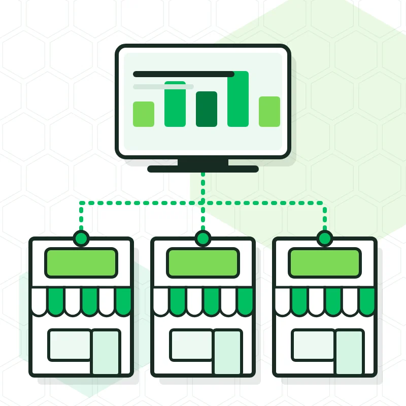 Illustration of a dashboard with charts connected to three shops