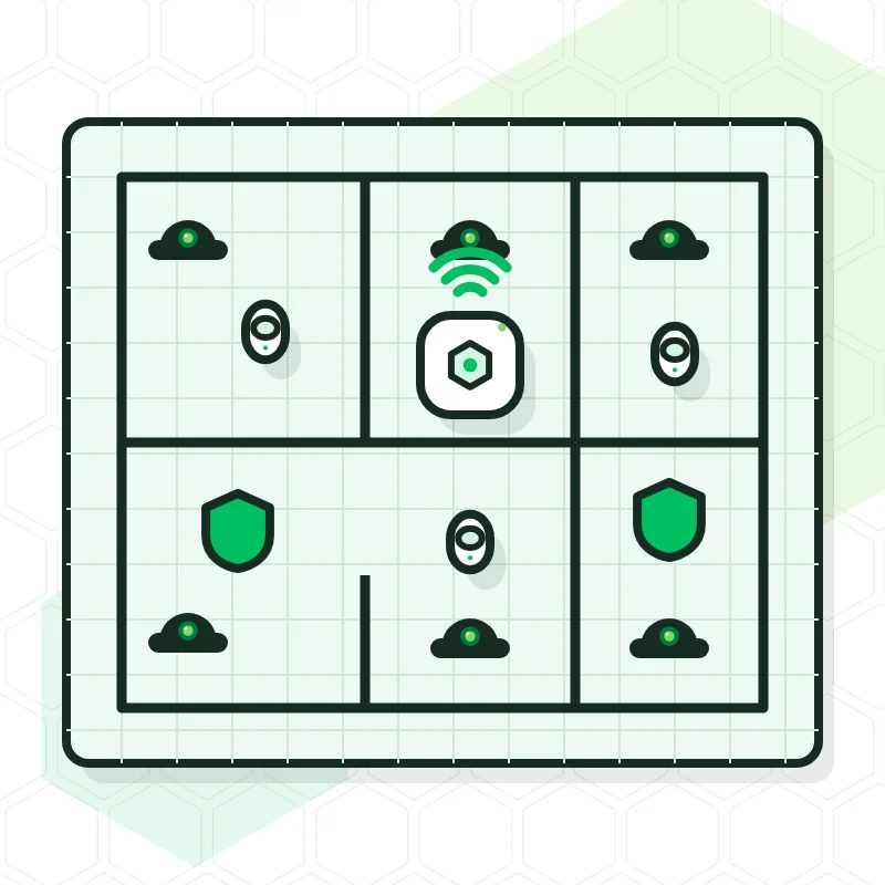 Illustration of a building floor plan with cameras, alarms and detectors