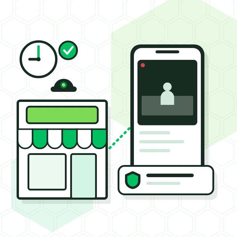 Illustration of a small shop with a camera, a clock and a phone showing the image and an alarm notice