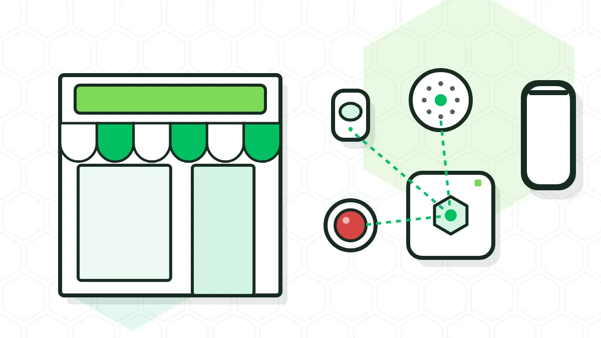 Ilustración de una tienda con detector, humo, botón de pánico y central Ajax