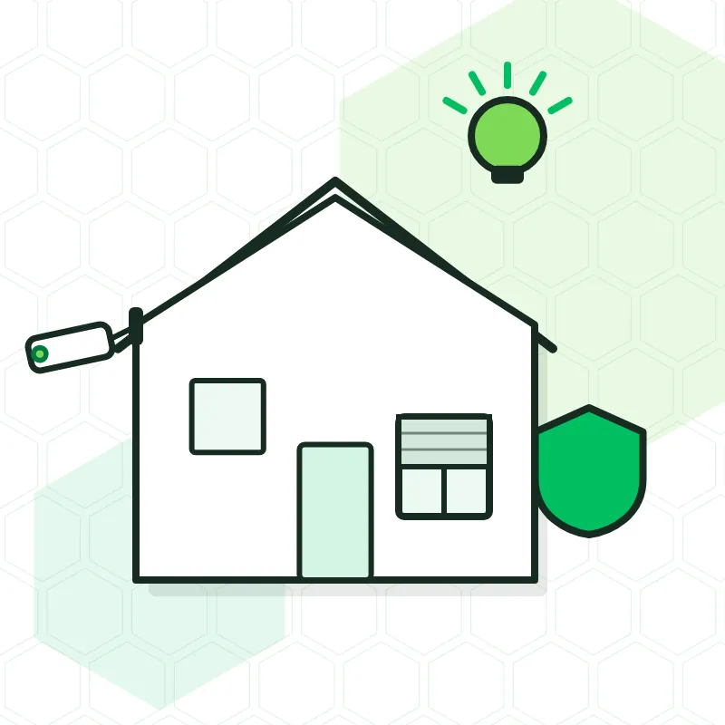 Illustration of a house with an outdoor camera, alarm, lights and blinds