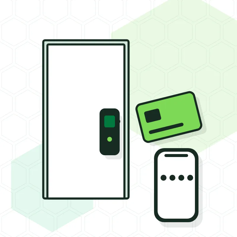 Ilustración de una puerta de hotel con cerradura electrónica, tarjeta y código en el móvil