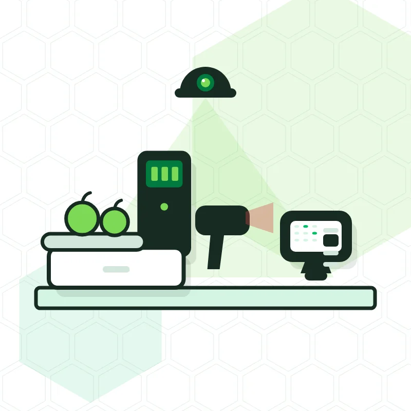 Illustration of a counter with scale, barcode scanner, POS and a camera above