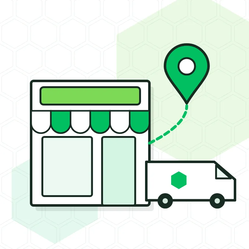 Ilustración de la tienda con su ubicación y la furgoneta que va a tu local
