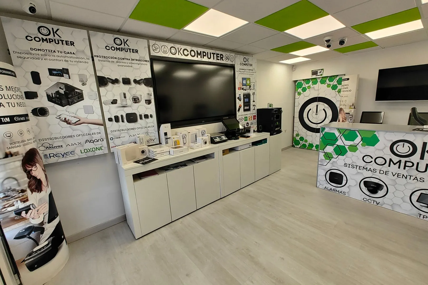 Display area with smart-home panels, alarms and POS demo screen
